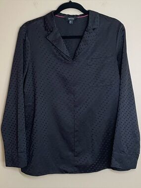 IMNYC Isaac Mizrahi Black Satin Polka Dot Collared V-Neck Blouse Women's Size M